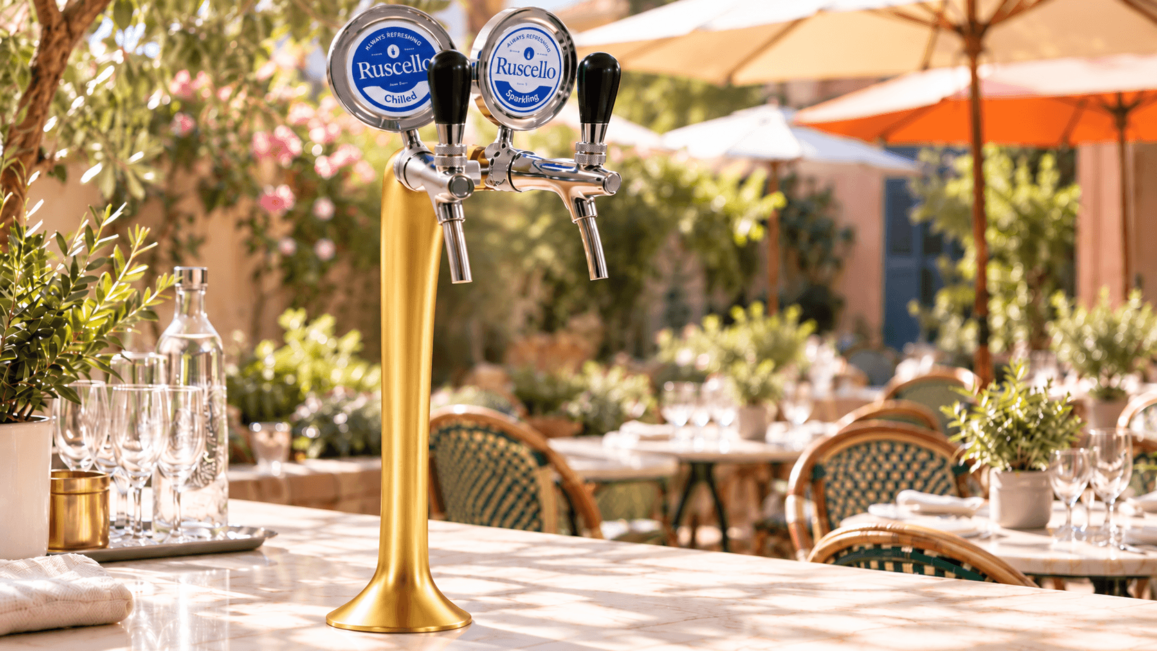 Sleek Brass Tap Tower at a Sunlit Café (1)